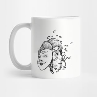 Woman with mask of expression deception. Mug